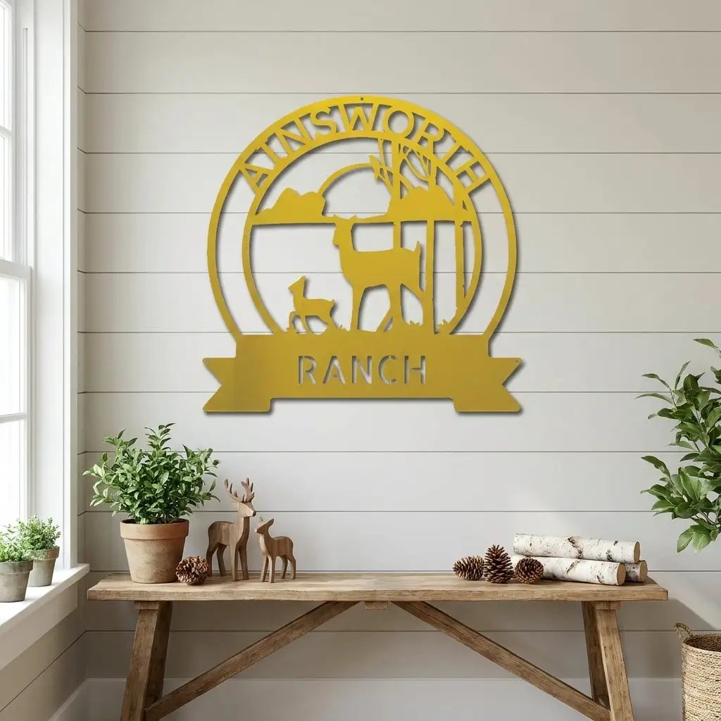 Personalized Deer Ranch Metal Sign – Doe & Fawn Sunset Wall Art – Custom Family Name & Ranch Name Sign – Rustic Farmhouse Lodge Decor