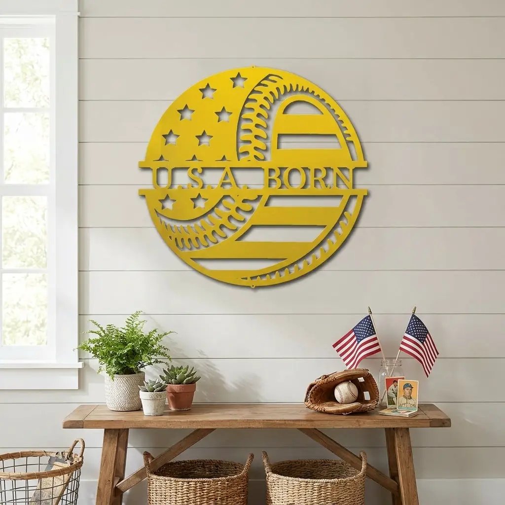 Baseball American Flag Custom Name Metal Art Wall Sign