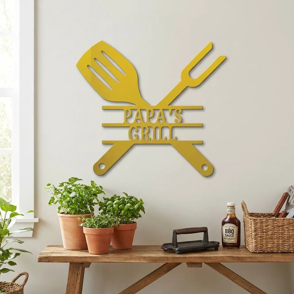 Personalized Grill Metal Wall Art – Custom BBQ Sign – Outdoor Kitchen Decor – Gift for Dad, Grandpa, BBQ Lover