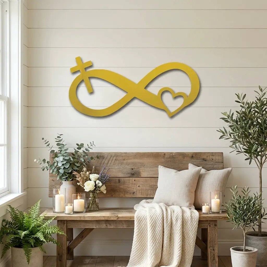 Infinity Cross and Heart Metal Wall Art – Christian Faith Inspired Indoor/Outdoor Sign – Laser Cut Powder-Coated Steel, Elegant Religious Home Décor (Multiple Sizes & Colors)