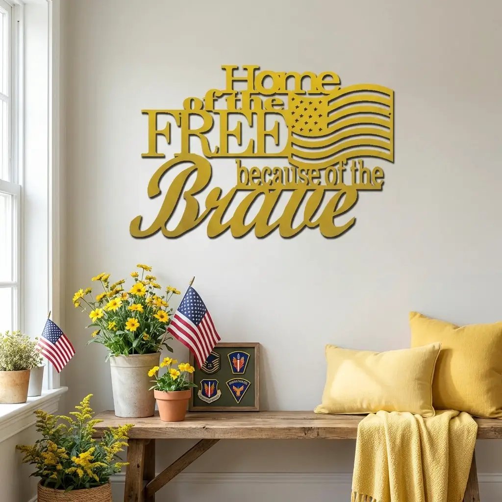 Home of the Free Because of the Brave Metal Wall Art – Patriotic American Flag Sign – Handmade Steel Indoor/Outdoor Décor