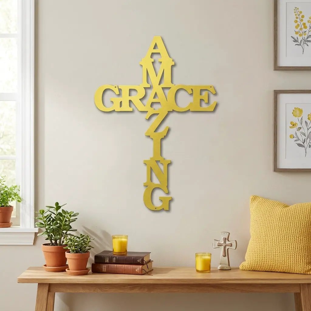 Amazing Grace Cross Steel Wall Art – Christian Metal Cross Sign – Inspirational Faith Decor – Laser Cut Religious Wall Art