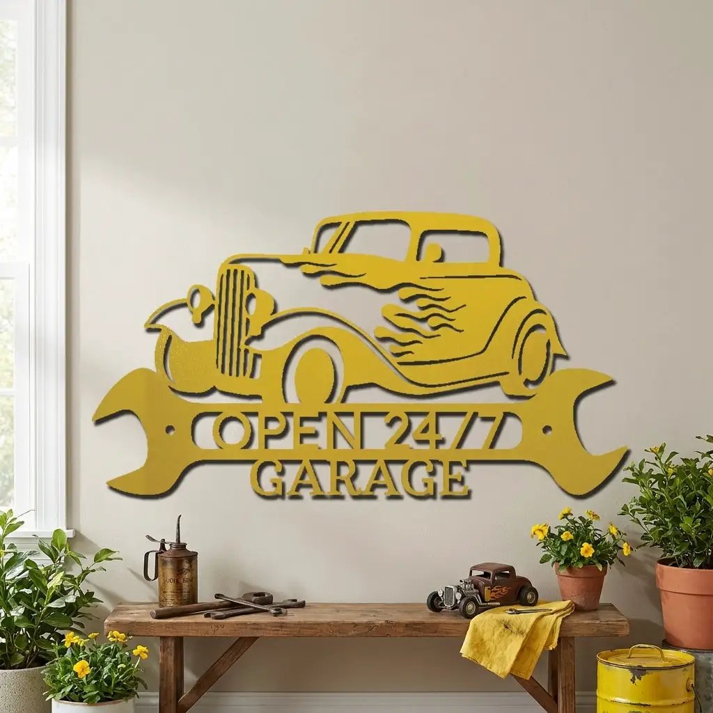 Personalized Hot Rod Metal Sign – Custom Garage Sign – Classic Car Wall Art – Gift for Dad