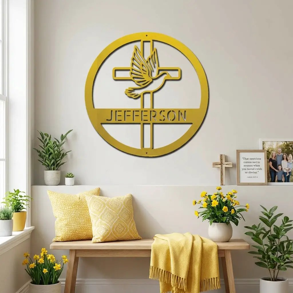 Personalized Cross & Dove Metal Wall Art – Custom Family Name Christian Steel Sign – Faith Based Farmhouse Wall Decor
