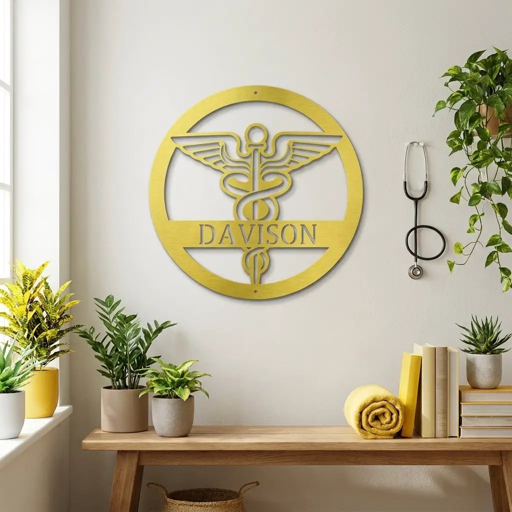 Personalized Medical Symbol Metal Wall Art – Custom Caduceus Steel Sign – Doctor Nurse Healthcare Professional Gift Decor