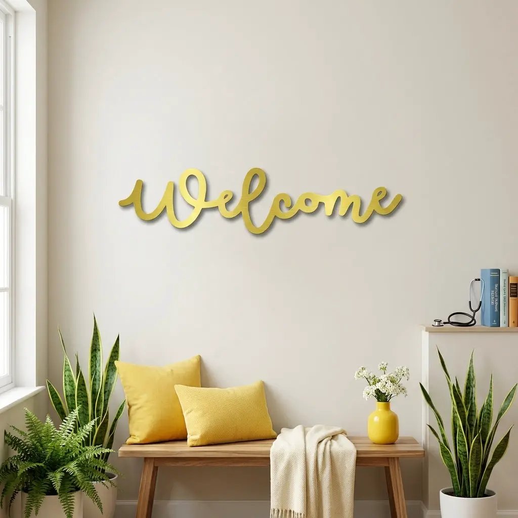Welcome Script Metal Wall Art – Modern Farmhouse Welcome Sign – Minimalist Entryway Steel Decor for Porch, Foyer & Living Room