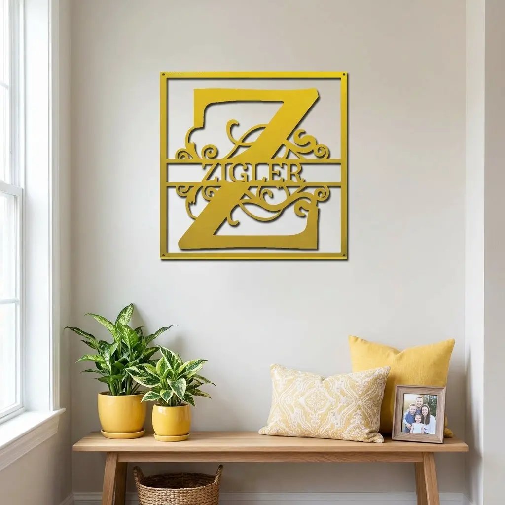 Personalized Monogram Metal Wall Art – Custom Family Name Sign – Square Metal Wall Decor – Farmhouse Last Name Steel Sign