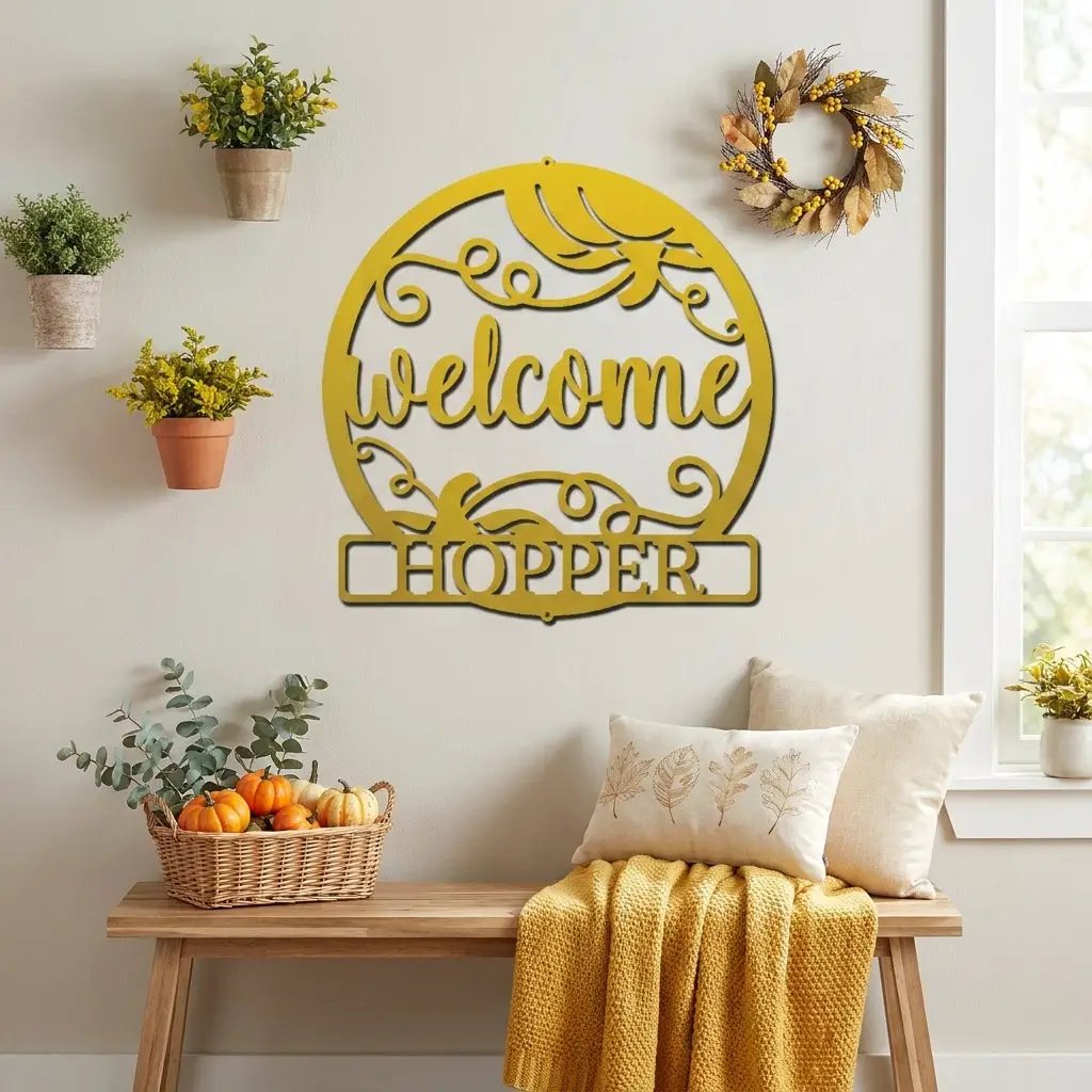 Personalized Pumpkin Metal Wall Art – Welcome Fall Sign with Family Name – Rustic Autumn Decor – Custom Front Door Pumpkin Sign – Farmhouse Fall Decor