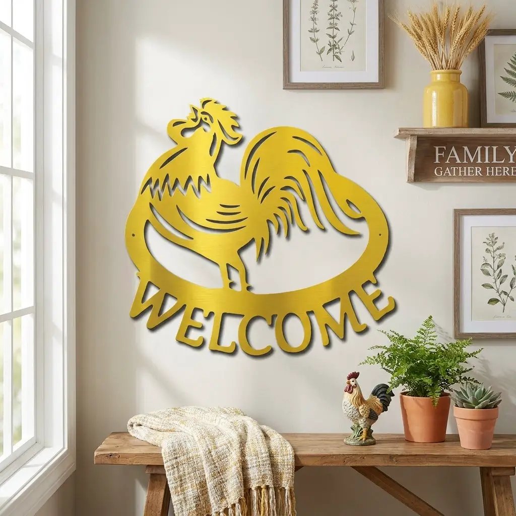 Welcome Rooster Metal Wall Art – Farmhouse Chicken Decor – Rustic Kitchen Wall Sign – Country Home Decor – Farmhouse Porch Sign