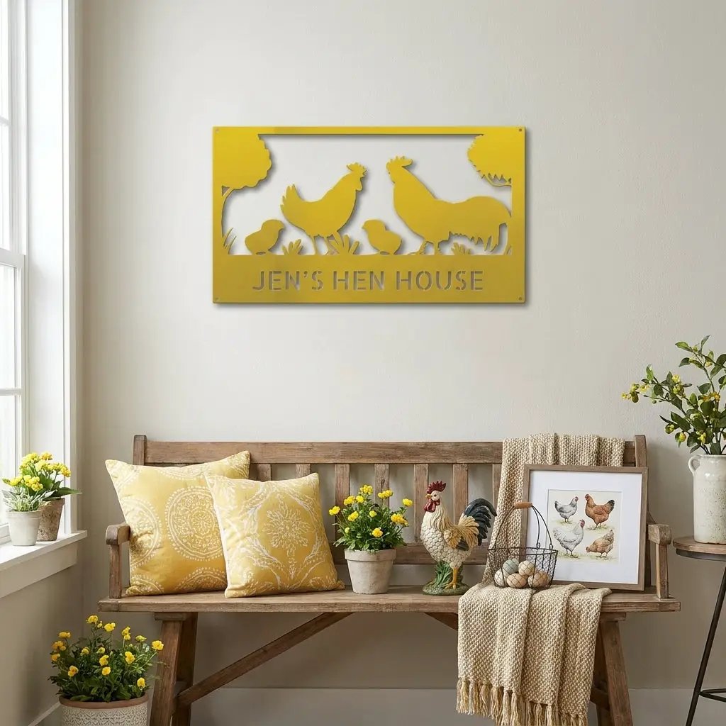 Personalized Chicken Coop Metal Sign | Custom Hen House Farmhouse Wall Decor | Chicken Family Metal Art
