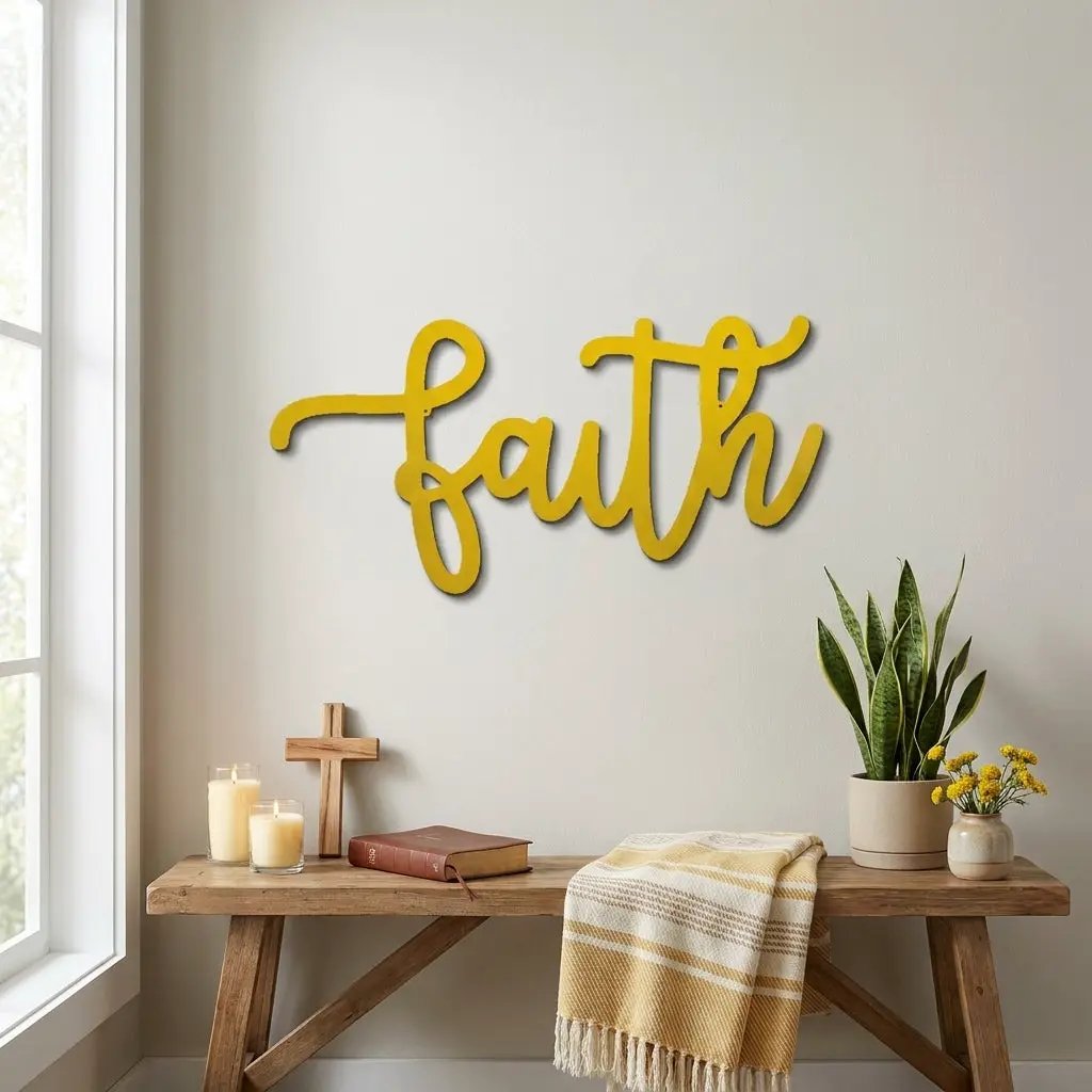 Faith Script Metal Wall Art – Christian Home Decor – Inspirational Metal Sign – Minimalist Religious Wall Decor