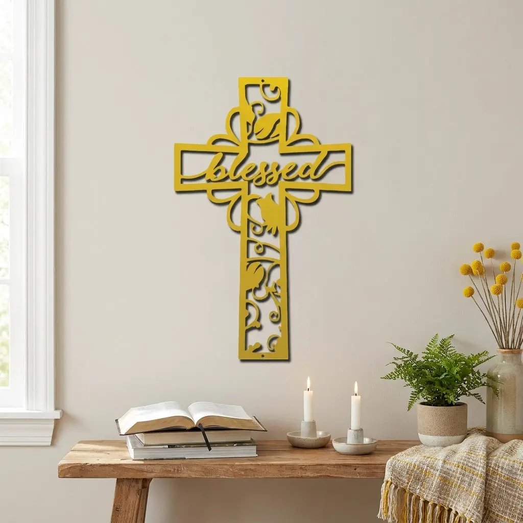 Blessed Cross Metal Wall Art | Christian Floral Cross Decor | Inspirational Faith Wall Hanging
