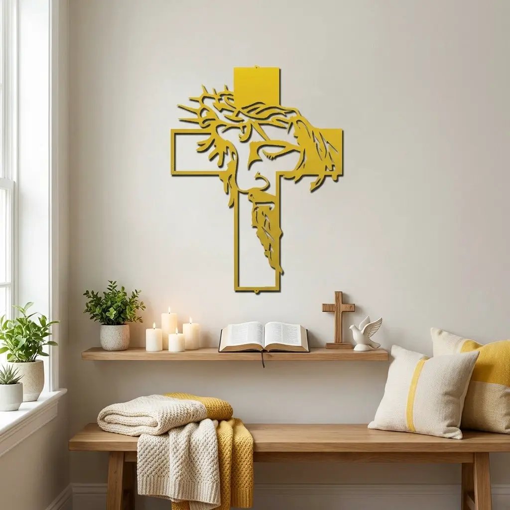 Jesus Crown of Thorns Steel Cross Sign Christian Metal Wall Decor Made in USA