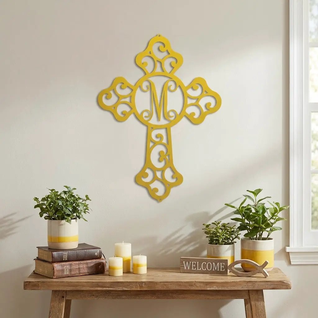 Personalized Initial Cross Metal Wall Art | Custom Monogram Christian Cross Decor | Ornate Faith Wall Hanging