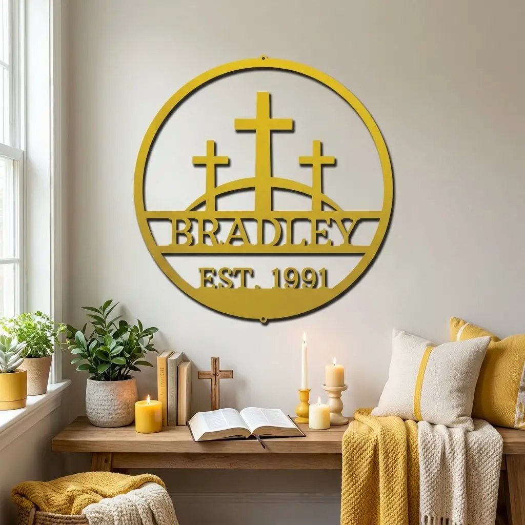 Personalized Three Crosses Metal Wall Art | Christian Family Name Sign | Faith Based Farmhouse Decor