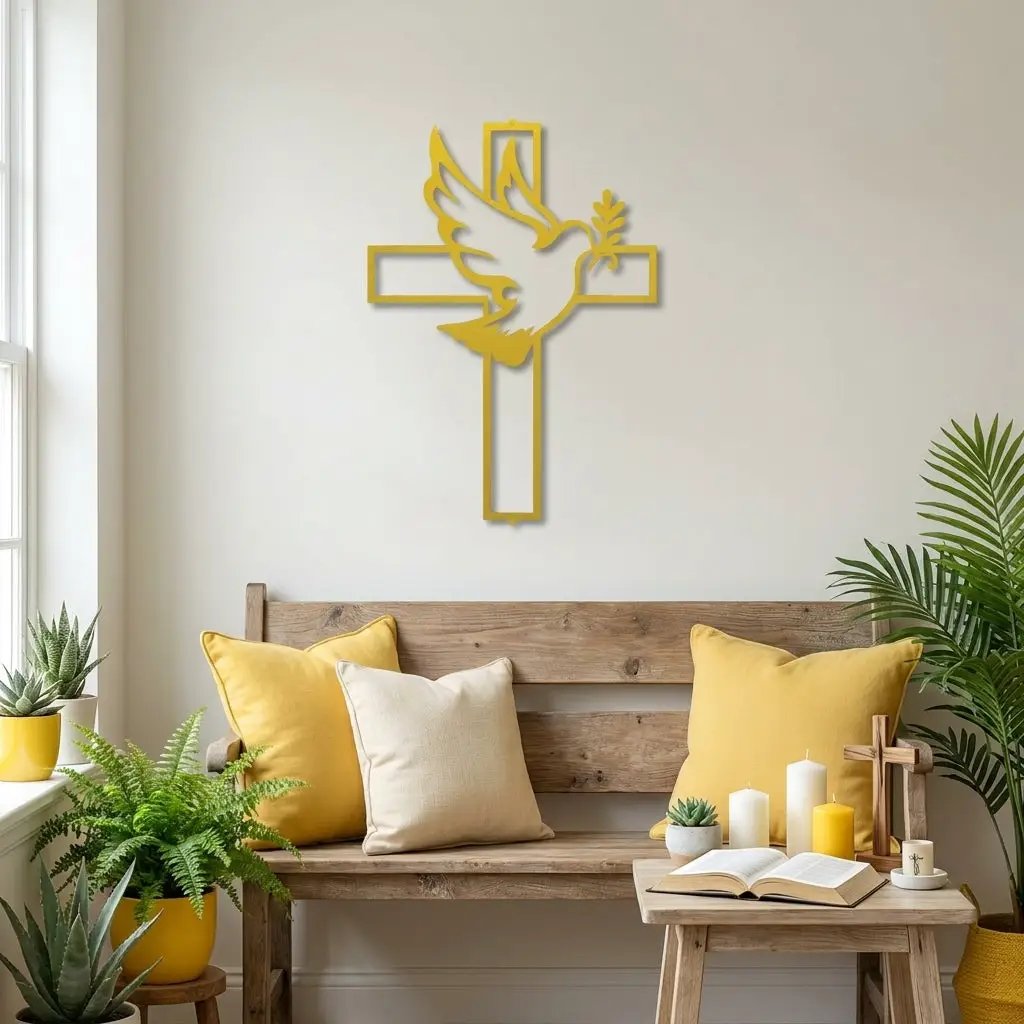 Dove Cross Metal Wall Art | Christian Holy Spirit Decor | Inspirational Religious Wall Hanging