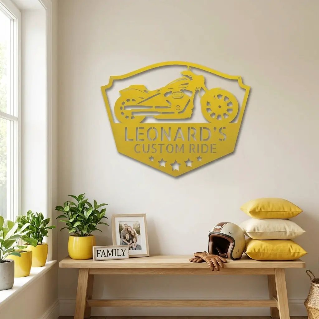 Chopper Motorcycle Shop Custom Name Monogram Indoor Outdoor Steel Wall Sign