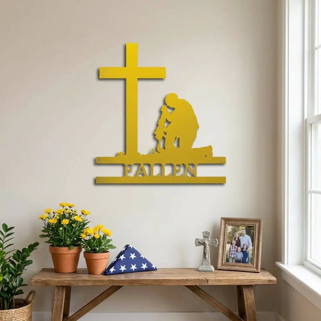 Personalized Fallen Soldier Memorial Metal Wall Art | Military Remembrance Cross Decor | Veteran Tribute Sign
