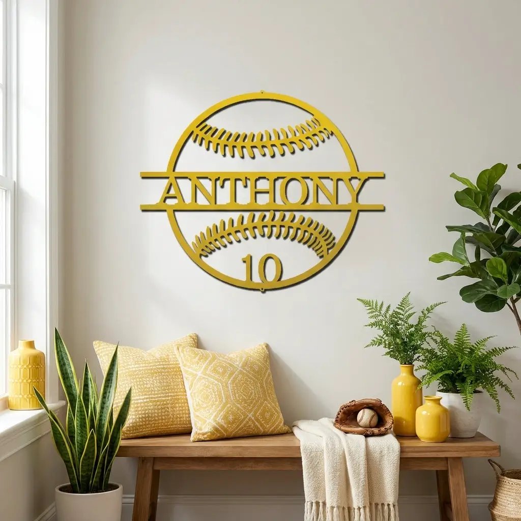 Personalized Baseball Metal Wall Art | Custom Name and Number Baseball Sign | Player Room Decor
