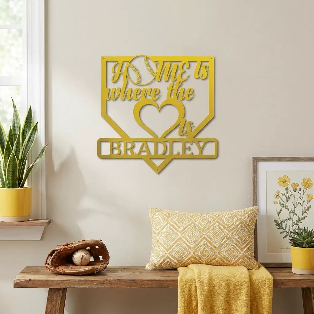 Personalized Baseball Home Plate Metal Wall Art | Custom Family Name Baseball Sign | Baseball Lover Home Decor