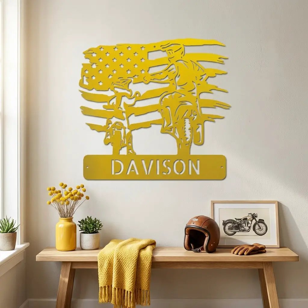 Personalized American Father & Son Motorcycle Metal Wall Art | Patriotic Biker Family Sign | Custom USA Motorcycle Decor