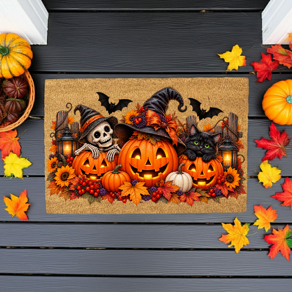 Halloween Doormat, Pumpkin Cat Skeleton Coir Mat, Spooky Fall Welcome Mat, Witch Pumpkin Door Mat, Halloween Porch Decor