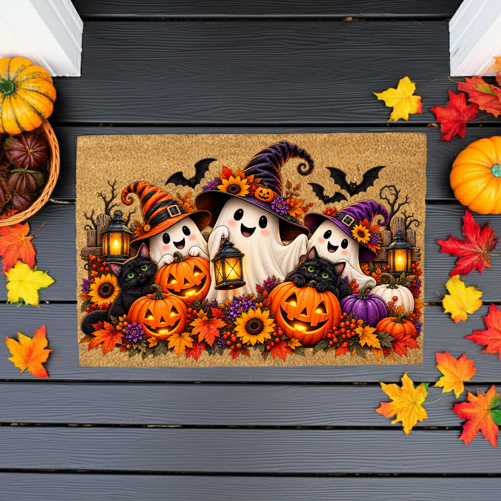 Halloween Ghost Doormat, Black Cat & Pumpkin Coir Mat, Cute Spooky Welcome Mat, Witch Ghost Fall Porch Decor, Halloween Door Mat