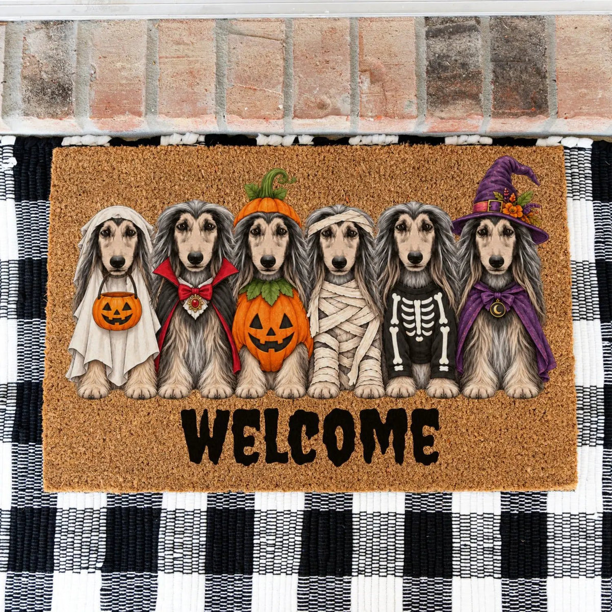 Dog Breed Personalized Halloween Costume Doormat, Custom Dog Welcome Mat, Halloween Coir Doormat, Family Name Dog Lover Gift