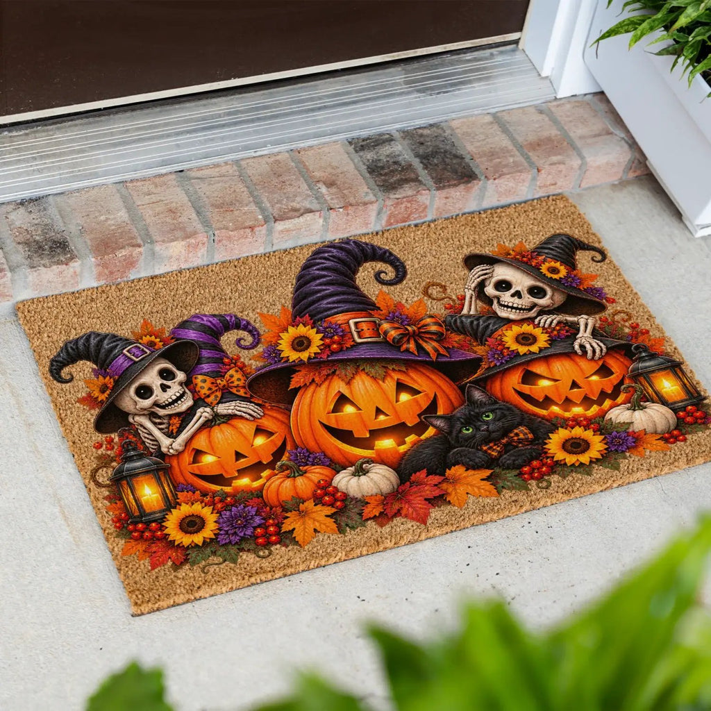 Halloween Skeleton Doormat, Jack O Lantern Coir Mat, Skeleton & Black Cat Welcome Mat, Spooky Fall Porch Decor, Halloween Door Mat