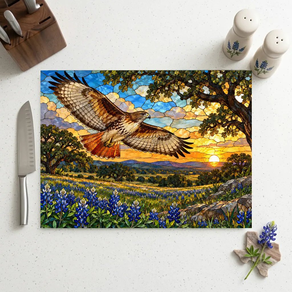 Red-Tailed Hawk Glass Cutting Board, Wildlife Kitchen Decor, Bird Lover Gift, Scenic Sunset Countryside Chopping Board, Nature Home Accent