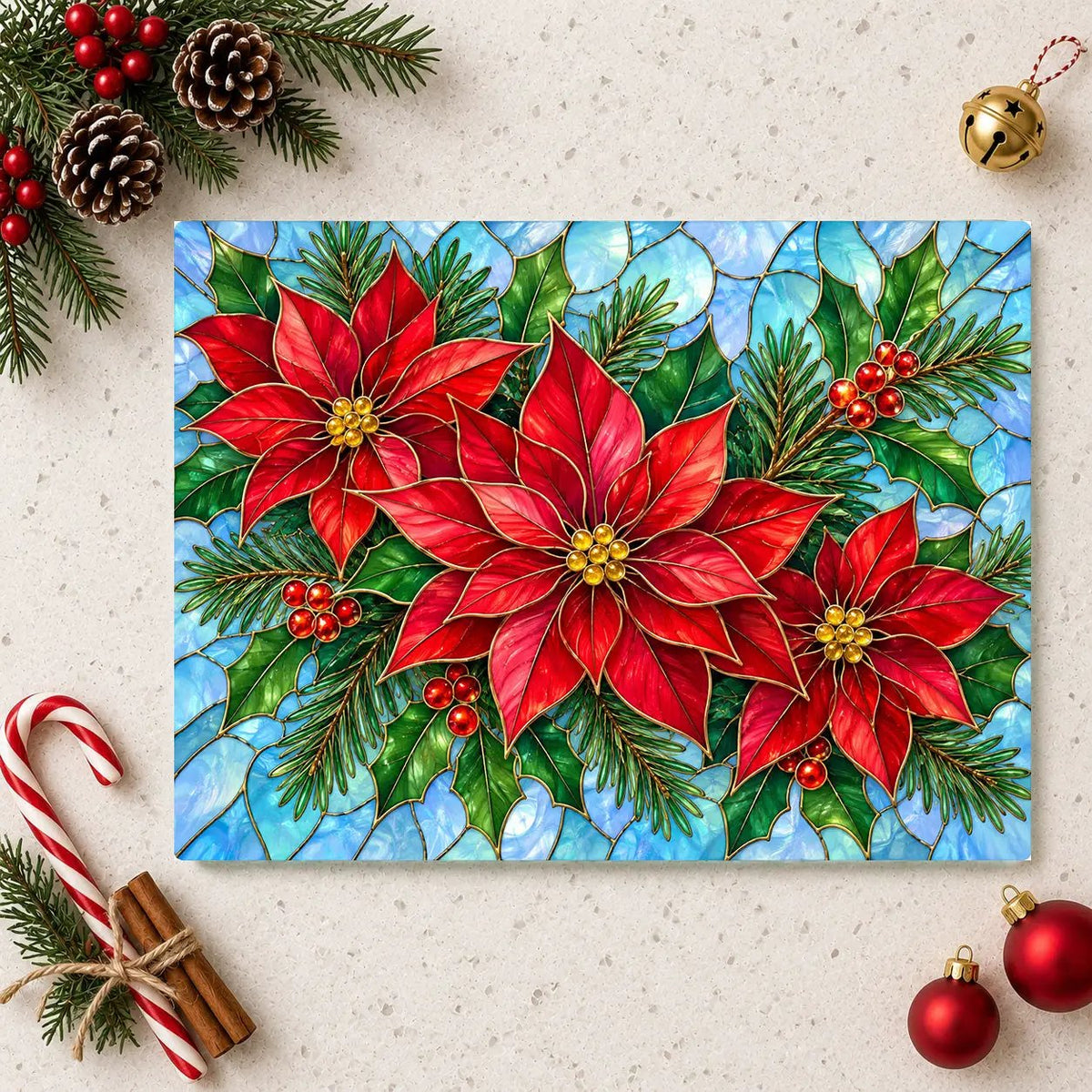 Christmas Poinsettia Glass Cutting Board, Evergreen Holiday Kitchen Decor, Red Floral Serving Board, Festive Winter Cooking Gift Idea