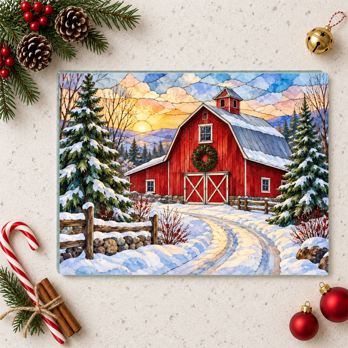 Personalized Winter Barn Cutting Board, Country Farmhouse Kitchen Decor, Stained Glass Farm Scene, Rustic Christmas Gift, Custom Family Gift