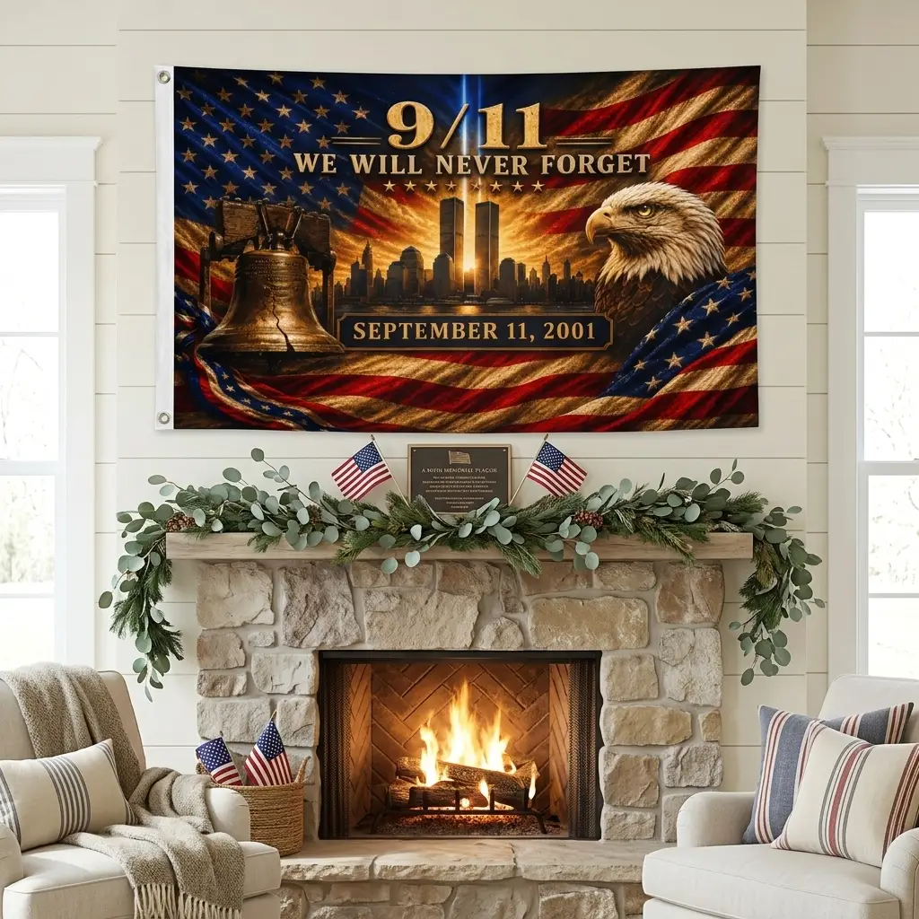 9/11 Never Forget Flag, September 11 Memorial Flag, Double Sided Grommet 911 Remembrance Flag, Patriotic Eagle Liberty Bell Decor
