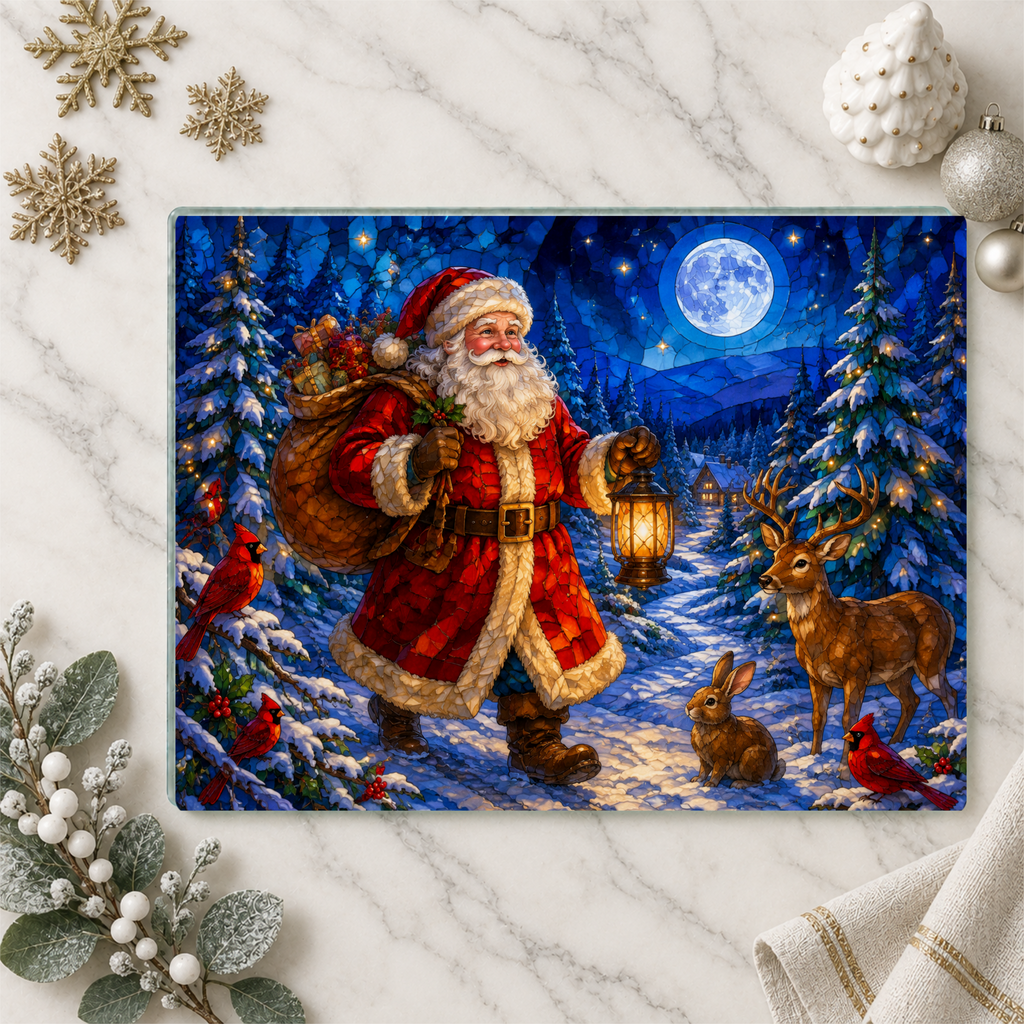 Santa Christmas Glass Cutting Board, Woodland Santa Kitchen Decor, Stained Glass Christmas Art, Cardinal Deer Holiday Gift