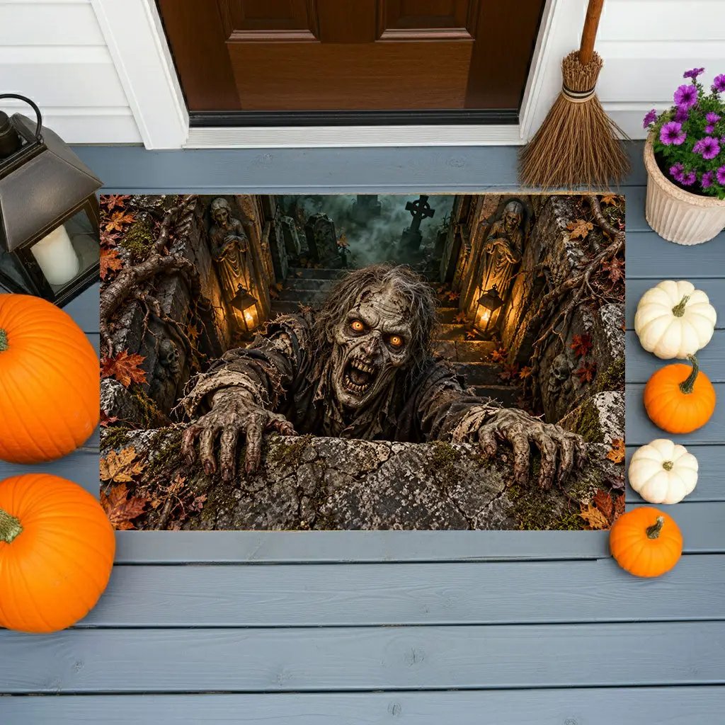 Zombie 3D Illusion Doormat, Graveyard Halloween Door Mat, Undead Zombie Welcome Mat, Haunted Crypt Optical Illusion, Spooky Porch Decor