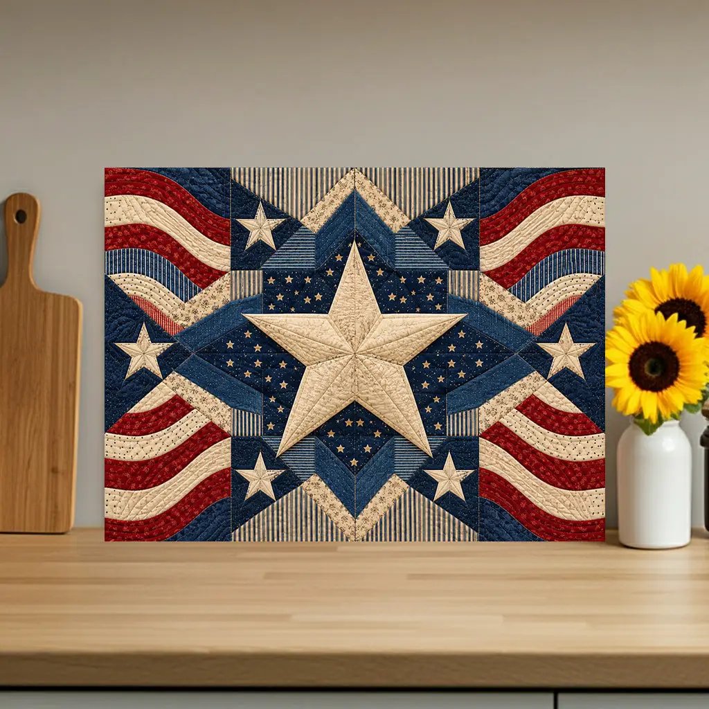 Patriotic Quilt Cutting Board, American Flag Glass Cutting Board, Americana Star Kitchen Decor, Quilter Gift, Red White Blue Decor