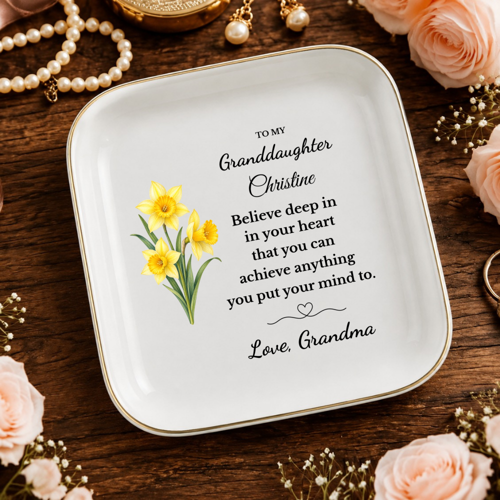 Personalized Daughter/ Granddaughter Jewelry Dish, Birth Flower Trinket Tray, Custom Name Inspirational Ceramic Ring Dish