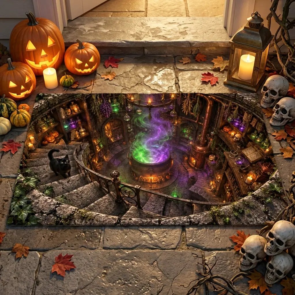 Witch Cauldron Halloween Doormat, 3D Witch Stairwell Illusion Door Mat, Black Cat Spooky Welcome Mat, Witchy Halloween Decor