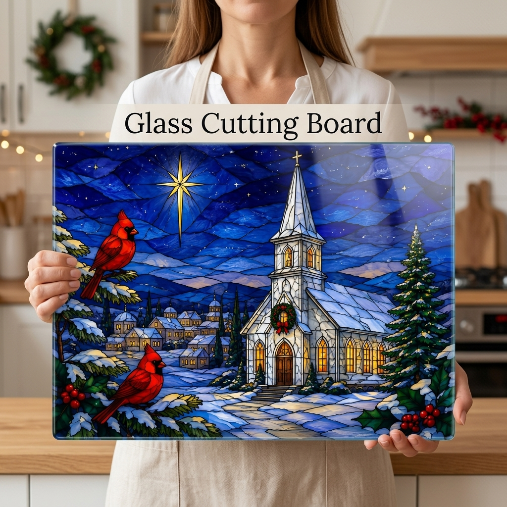 Christmas Church Glass Cutting Board, Cardinal Stained Glass Decor, Christian Christmas Kitchen Gift, Religious Holiday Decor