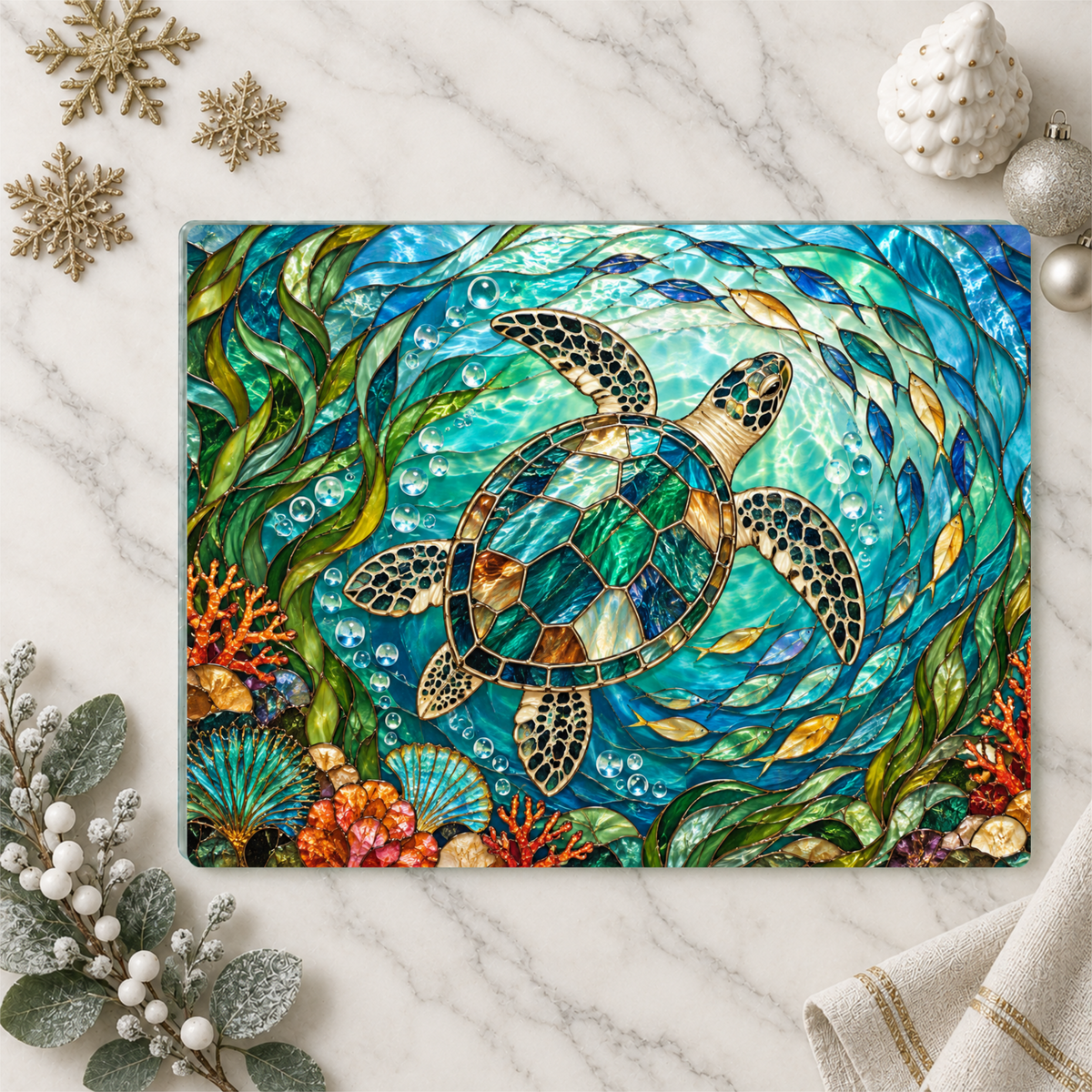 Sea Turtle Glass Cutting Board, Ocean Kitchen Decor, Coastal Serving Board, Underwater Sea Life Chopping Board, Beach House Gift Idea
