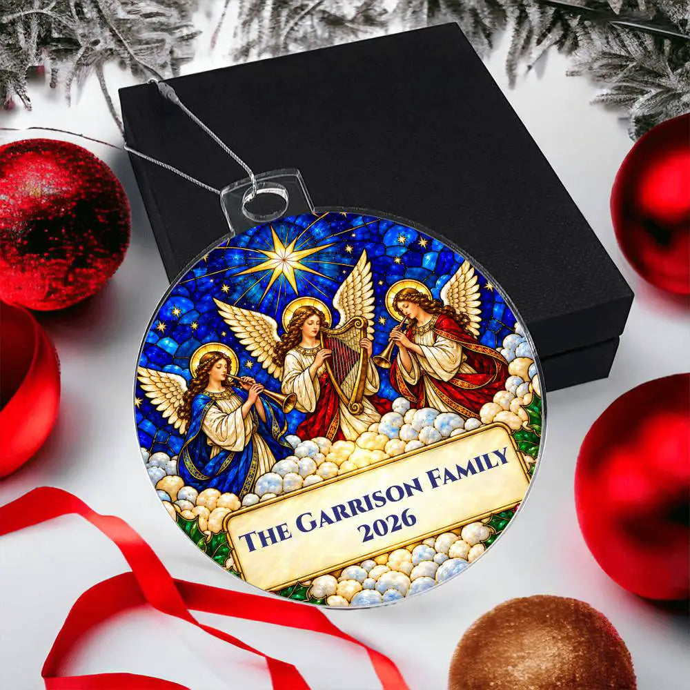 Personalized Family Christmas Ornament, Angel Acrylic Ornament, Religious Christmas Gift, Stained Glass Inspired Keepsake
