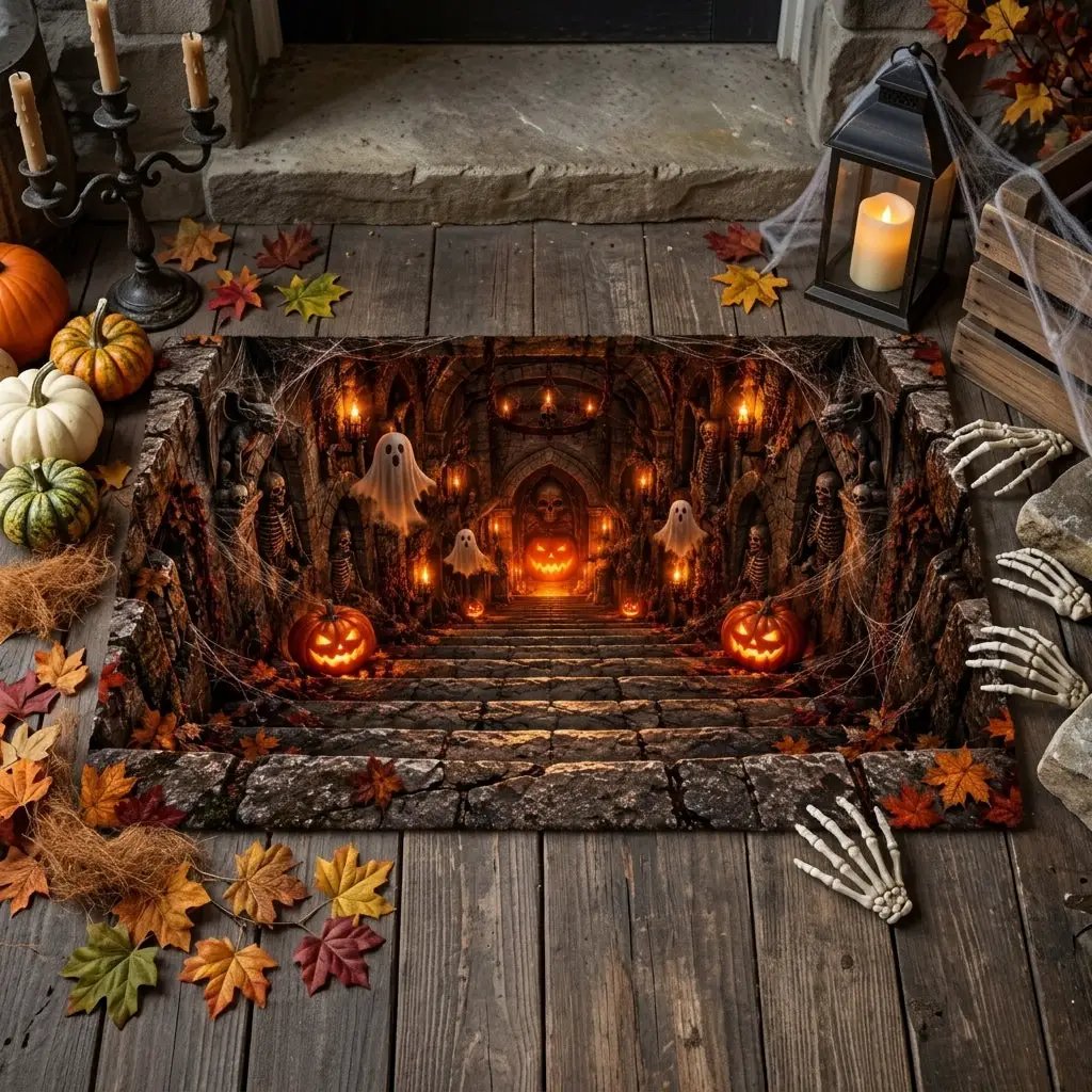 3D Haunted Crypt Doormat, Halloween Ghost Door Mat, Spooky Dungeon Entrance Mat, Skeleton Pumpkin Decor, Gothic Halloween Welcome Mat