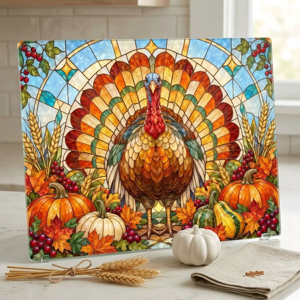 Thanksgiving Turkey Glass Cutting Board, Stained Glass Turkey Kitchen Decor, Fall Harvest Chopping Board, Thanksgiving Gift