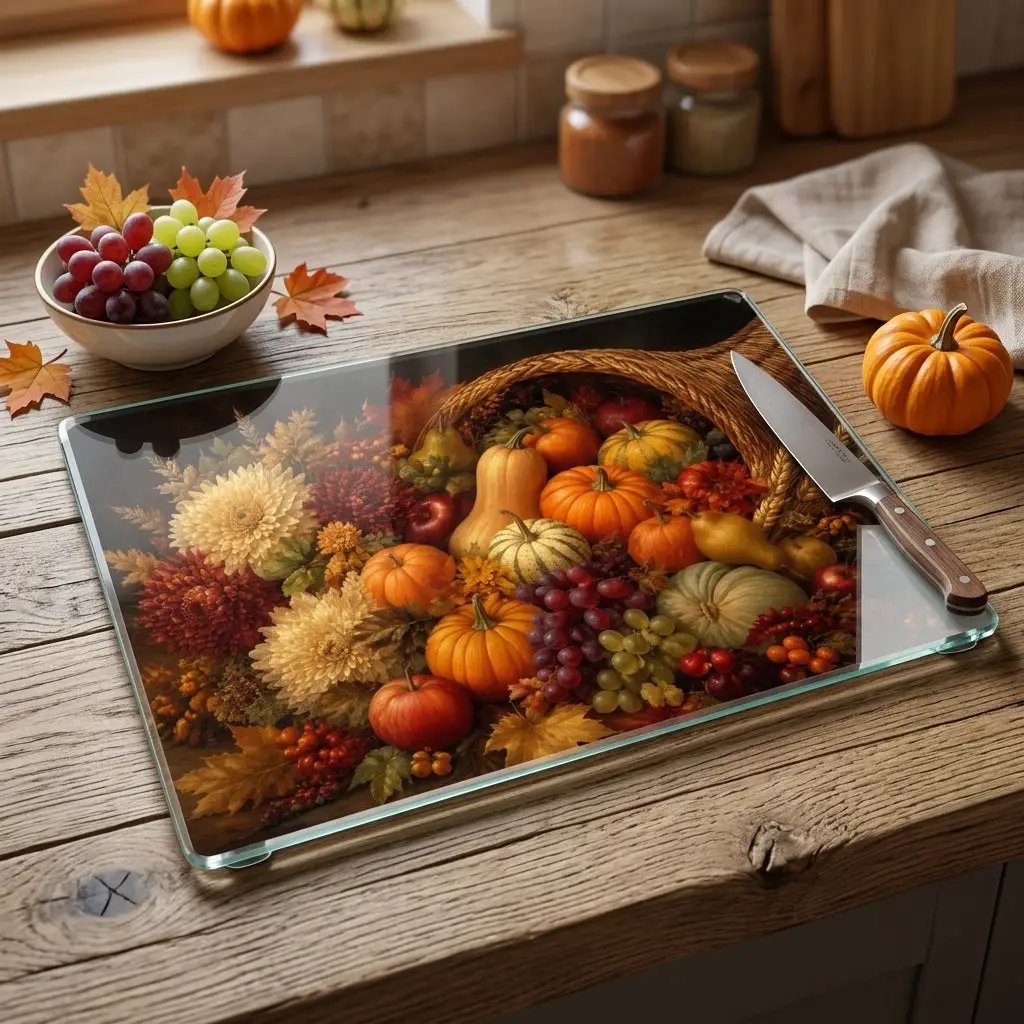 Cornucopia Glass Cutting Board, Thanksgiving Kitchen Decor, Fall Harvest Cutting Board, Autumn Hostess Gift