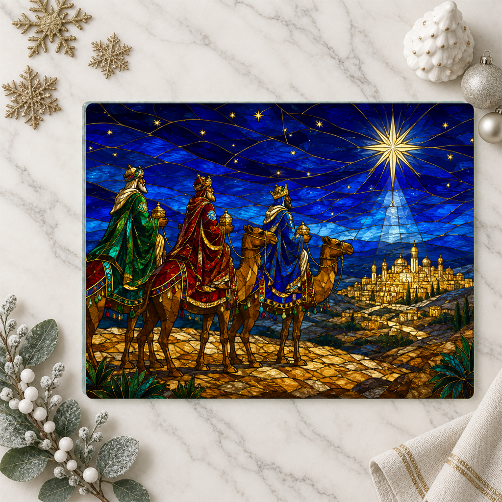 Three Wise Men Glass Cutting Board, Christian Christmas Gift, Magi Star of Bethlehem Decor, Religious Christmas, Stained Glass Art