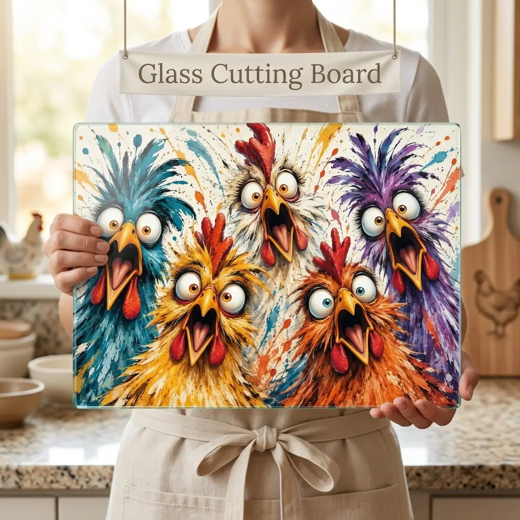 Screaming Chicken Flock Cutting Board, Funny Chicken Kitchen Decor, Colorful Hen Lover Gift, Farmhouse Chicken Gift