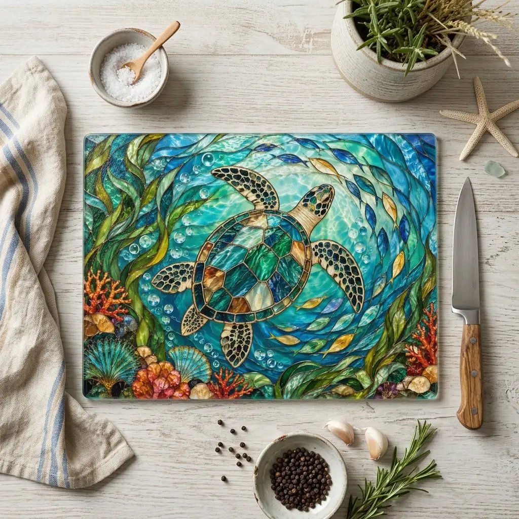 Sea Turtle Glass Cutting Board, Ocean Kitchen Decor, Coastal Serving Board, Underwater Sea Life Chopping Board, Beach House Gift Idea
