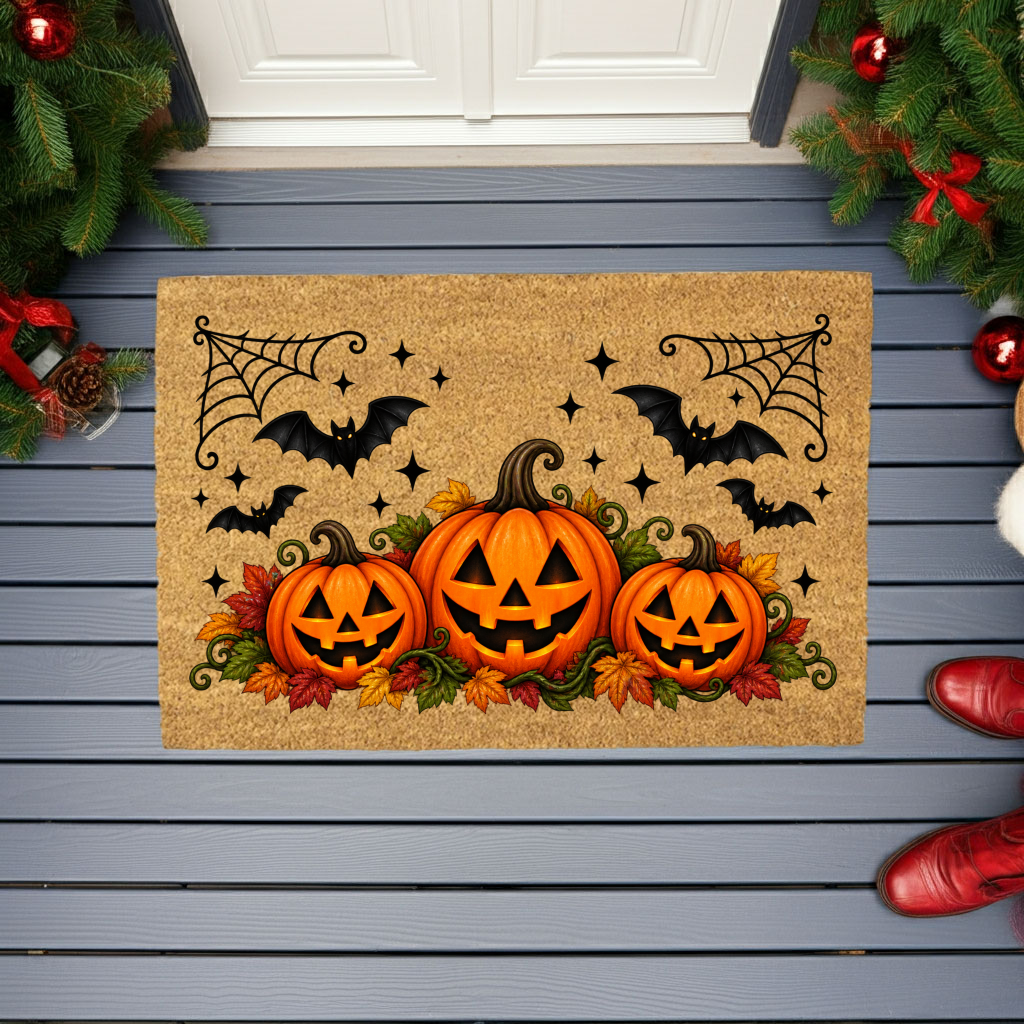Halloween Pumpkin Doormat, Jack O Lantern Coir Welcome Mat, Fall Front Porch Decor, Spooky Bat Door Mat, Autumn Halloween Entryway