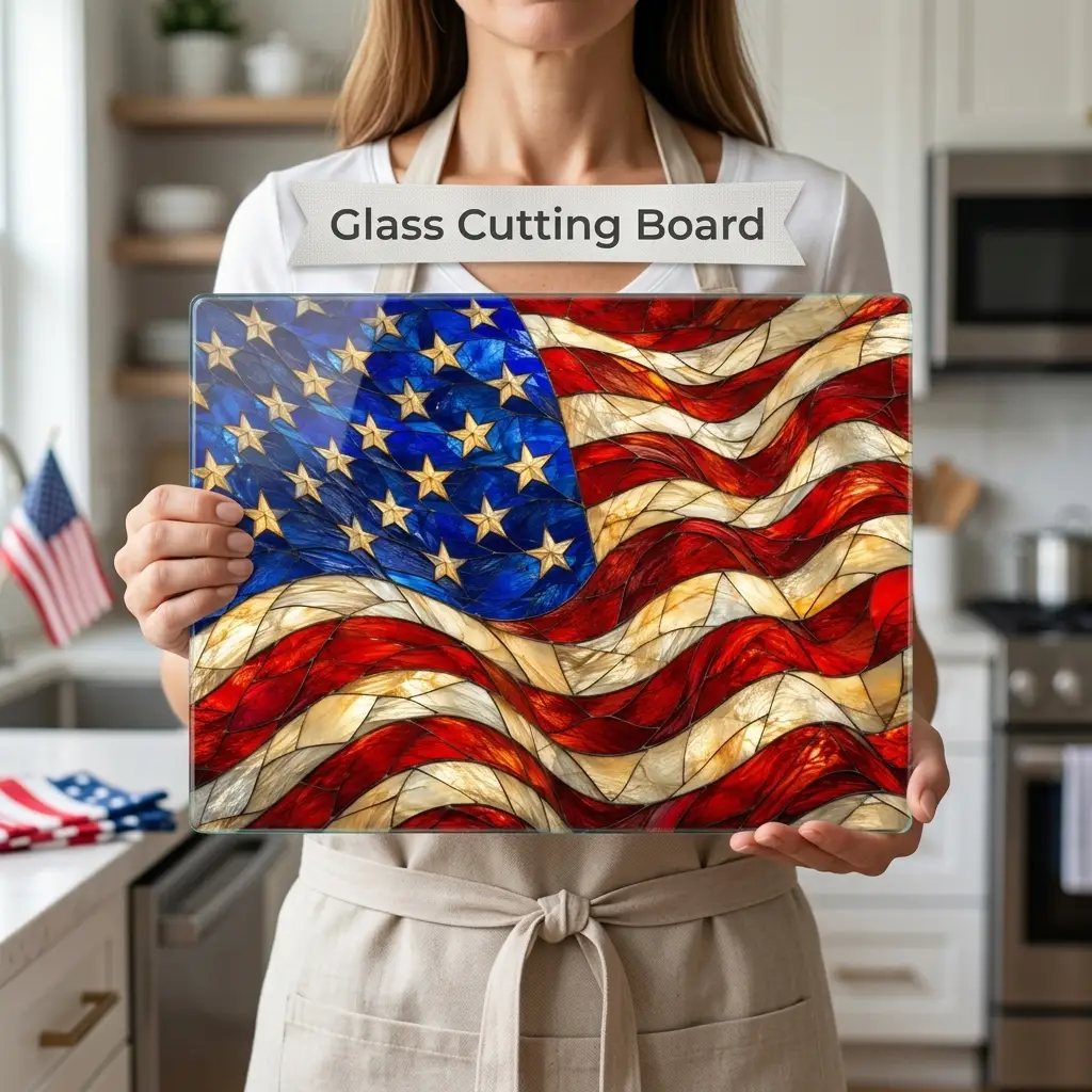 American Patriotic Flag Glass Cutting Board, Stained Glass Style USA Flag, Americana Kitchen Decor, Patriotic Gift