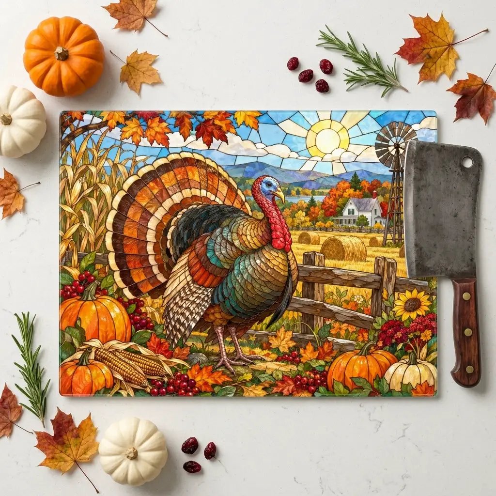 Thanksgiving Turkey Glass Cutting Board, Farmhouse Fall Kitchen Decor, Country Harvest Turkey Cutting Board, Autumn Kitchen Gift